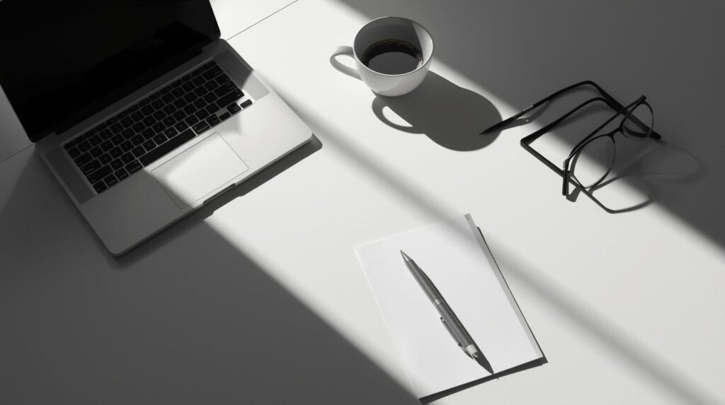 매출 목표만 외치는 리더는 하수다: 베트남 조직을 움직이는 '선행지표' 설계법 minimal korean office desk layout, laptop, coffee cup, simple documents, shadow contrast, modern productivity mood, no text, high resolution