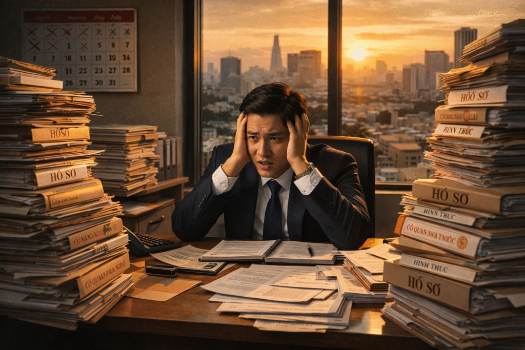 서류 더미에 둘러싸인 답답한 한국인 사업가, 벽의 달력에 시간이 흘러가는 모습, 창밖 호치민 스카이라인, 드라마틱한 사무실 조명